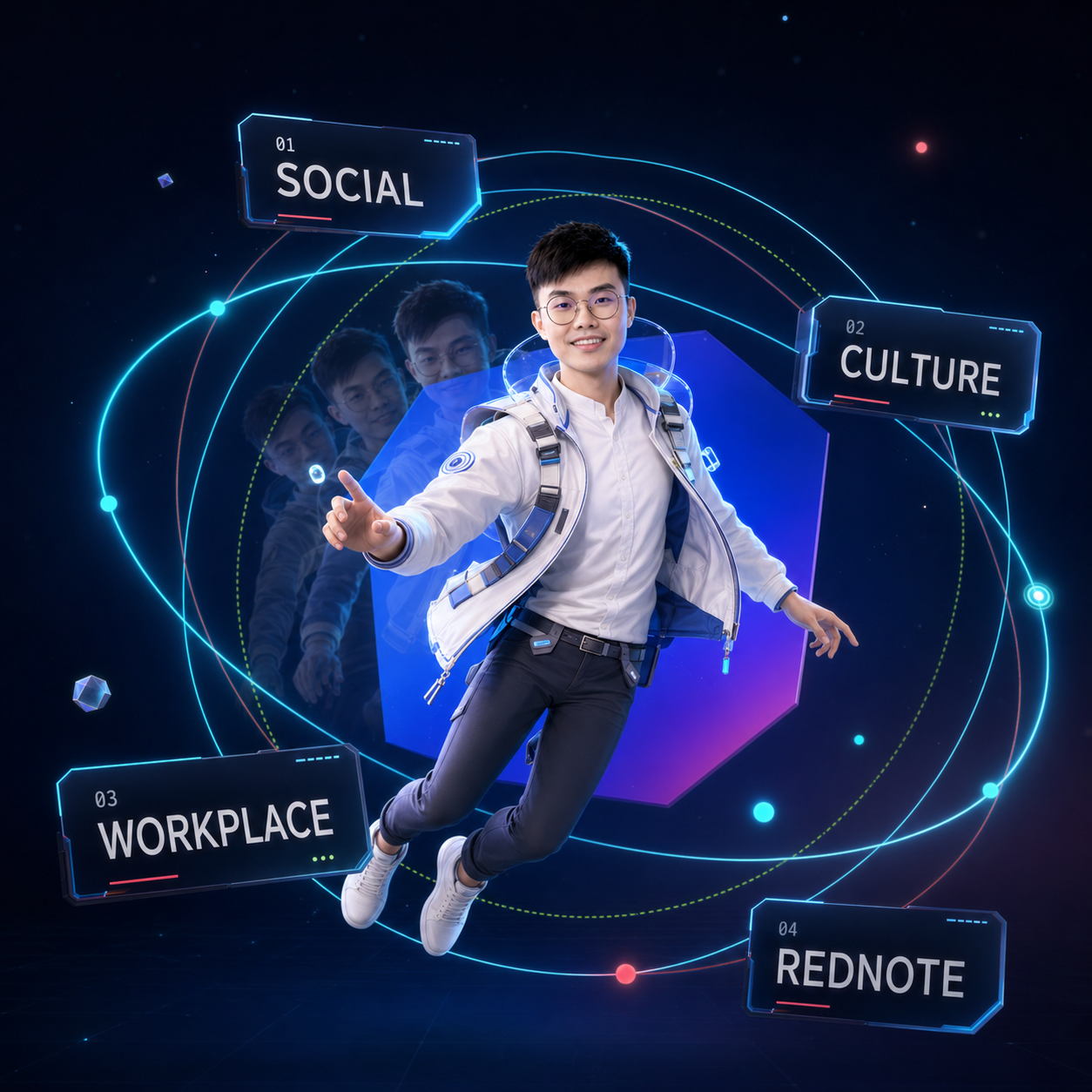 James Chew as a 3D space character surrounded by Social, Culture, Workplace and RedNote